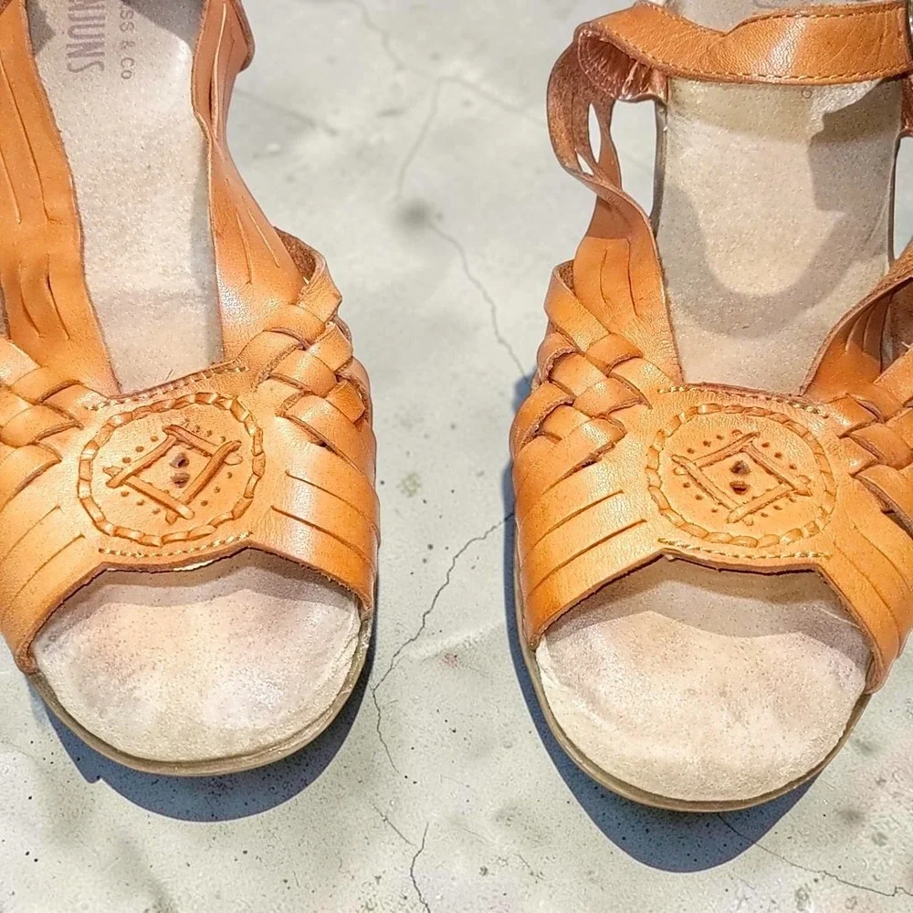 VTG GH Bass Sunjun 8.5 Wedge Sandals  Woven Leather Ankle Strap Womens 90s Boho